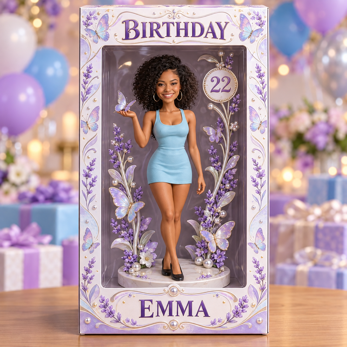 Boîte d'Affichage d'Anniversaire Personnalisée - Figurine Portrait avec Papillon Lavande, Nom et Âge