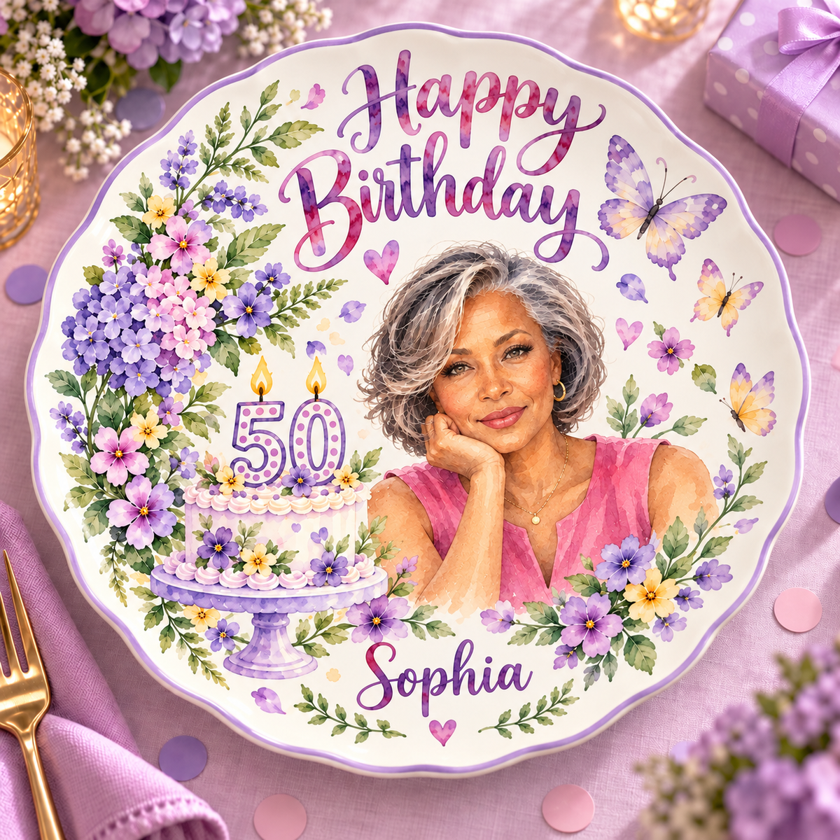 Personalized Birthday Ceramic Round Plate - Scalloped Purple Floral Portrait, Custom Name and Age