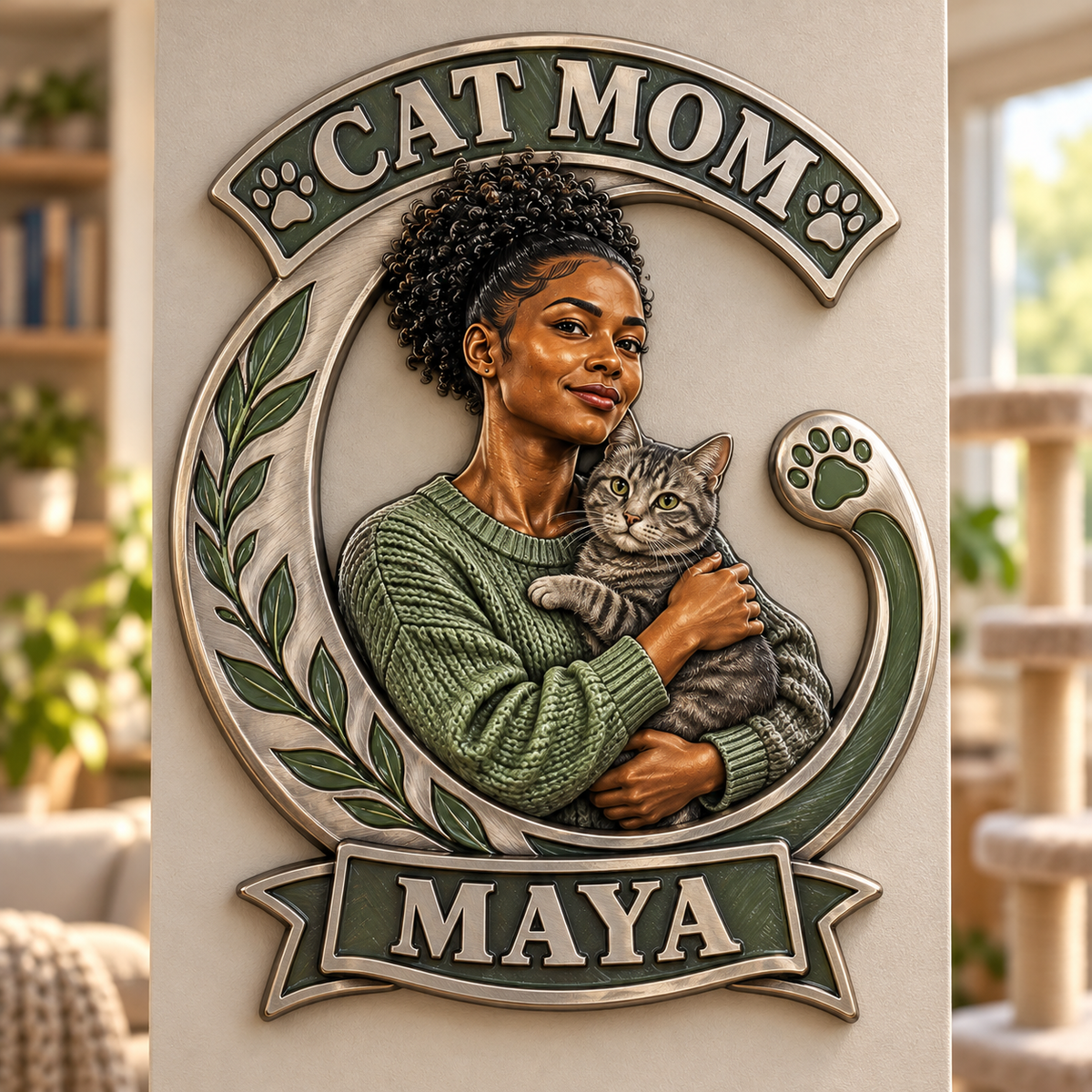Personalized Custom Photo Cat Mom 3D Printed Cut Metal Sign - Gift for Young Women