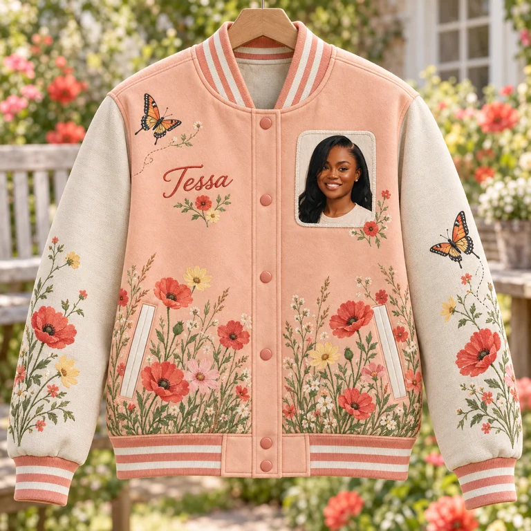 Personalisierte Poppy Meadow Varsity Jacke - Damen Foto und Name Botanisches Design