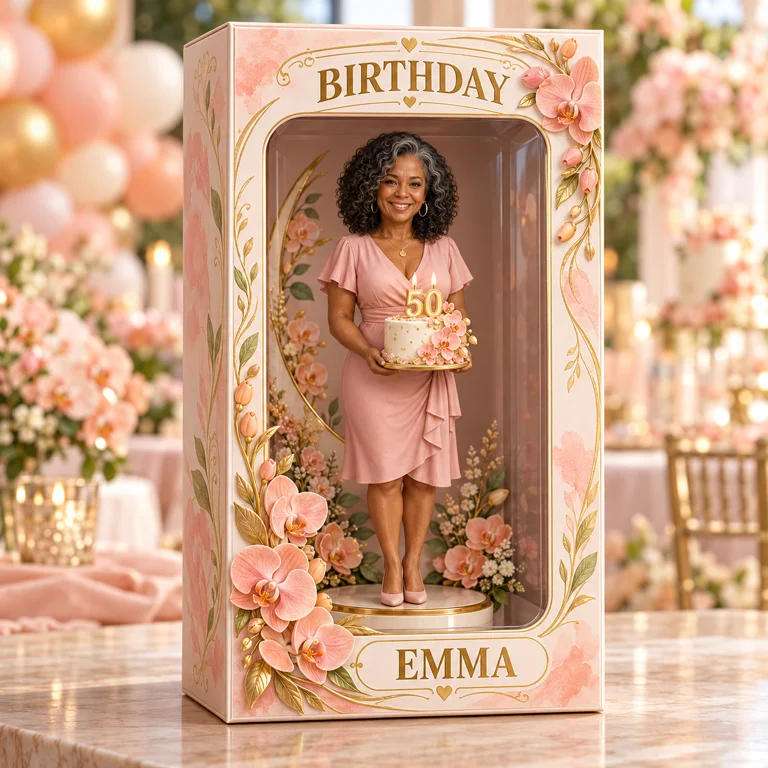 Figurine Personnalisée en Photo Pêche Orchidée dans Boîte Acrylique - Cadeau d'Anniversaire pour Femmes