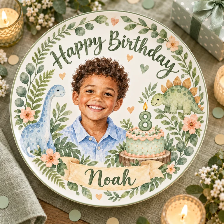 Personalized Dinosaur Birthday Ceramic Plate - Watercolor Portrait, Custom Name and Age