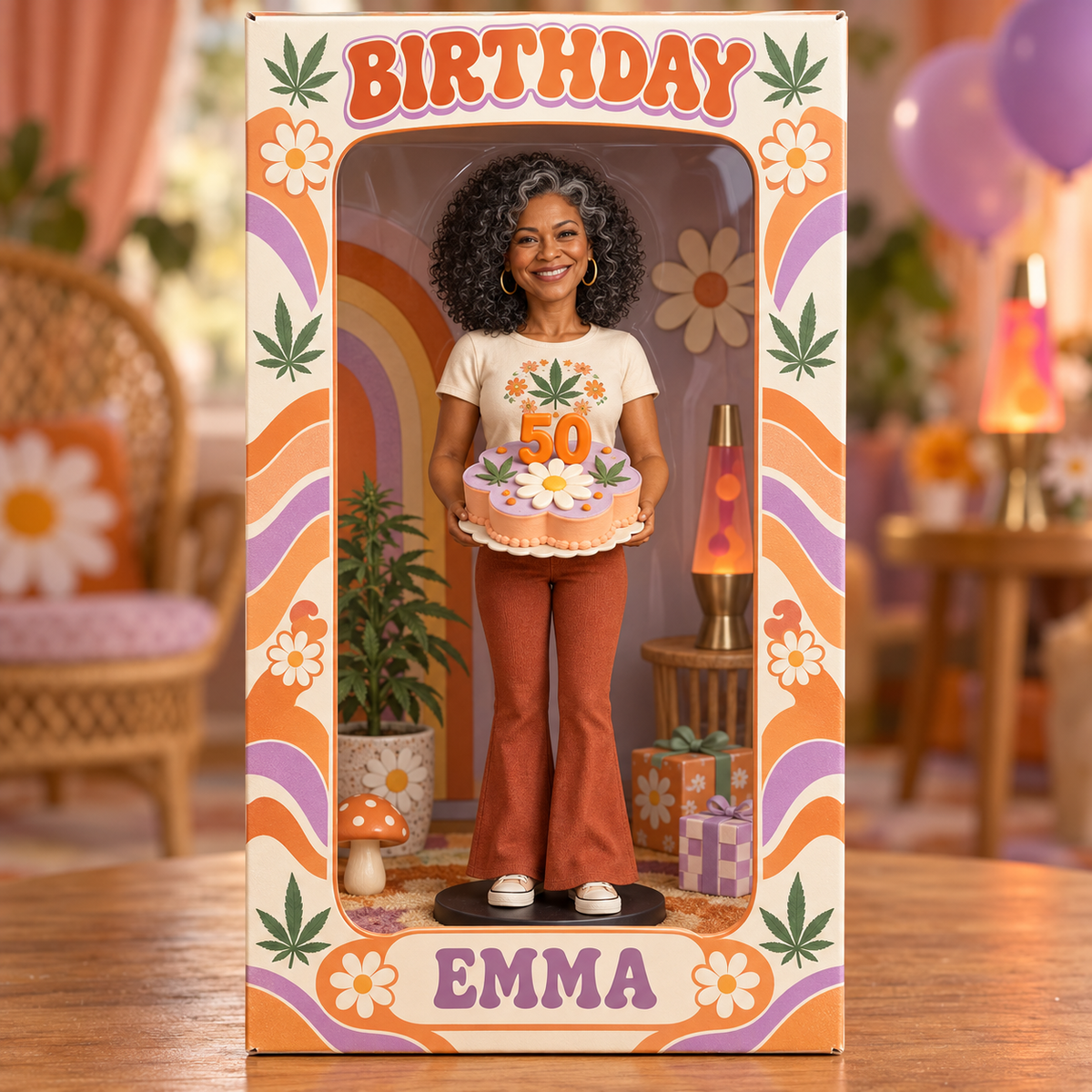 Personalized Hippie Acrylic Display Box - Retro Daisy Birthday Figurine Gift