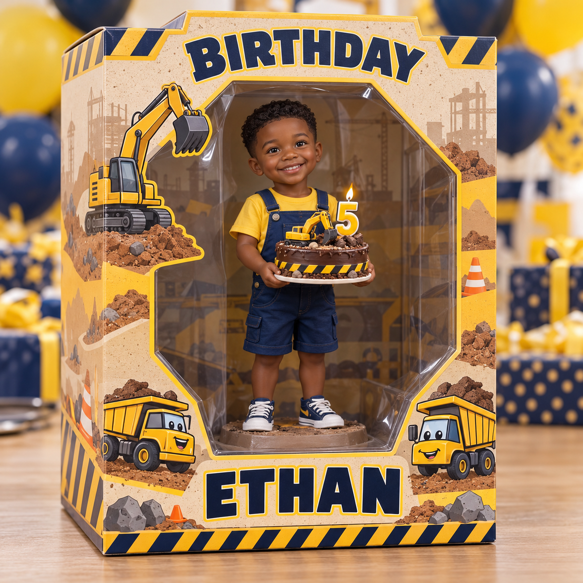 Personalized Custom Photo Construction Acrylic Display Box - 5th Birthday Gift for Boys