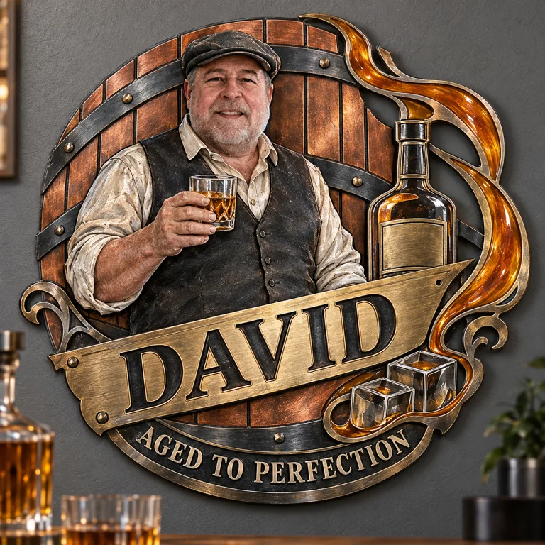 Personalized Whiskey Lover Metal Wall Art - Custom Portrait and Name, Home Bar Decor