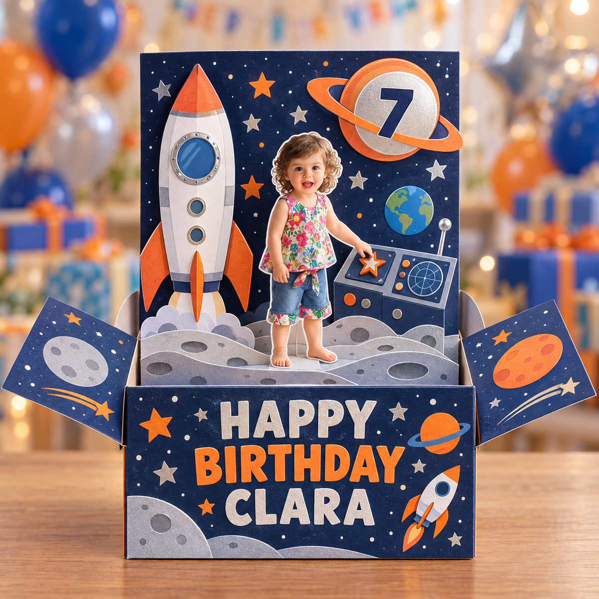 Carte Pop-Up Personnalisée Fusée Spatiale - Cadeau d'Anniversaire avec Photo, Nom et Âge Personnalisés