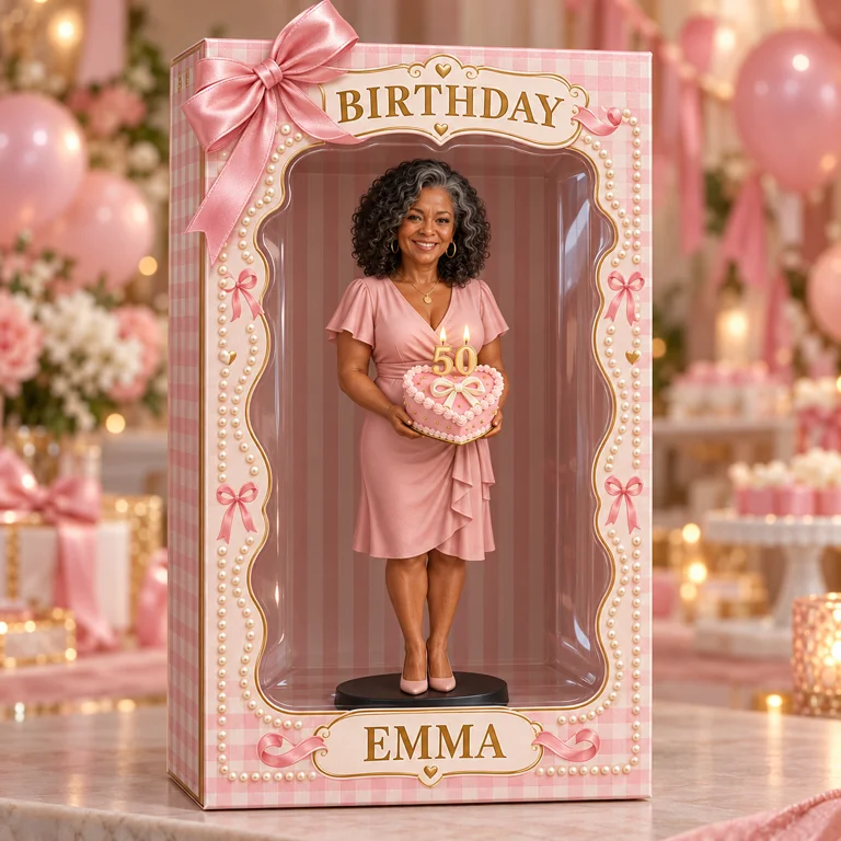 Personalized Custom Photo Pink Bow Figurine in Acrylic Display Box - 50th Birthday Gift for Women