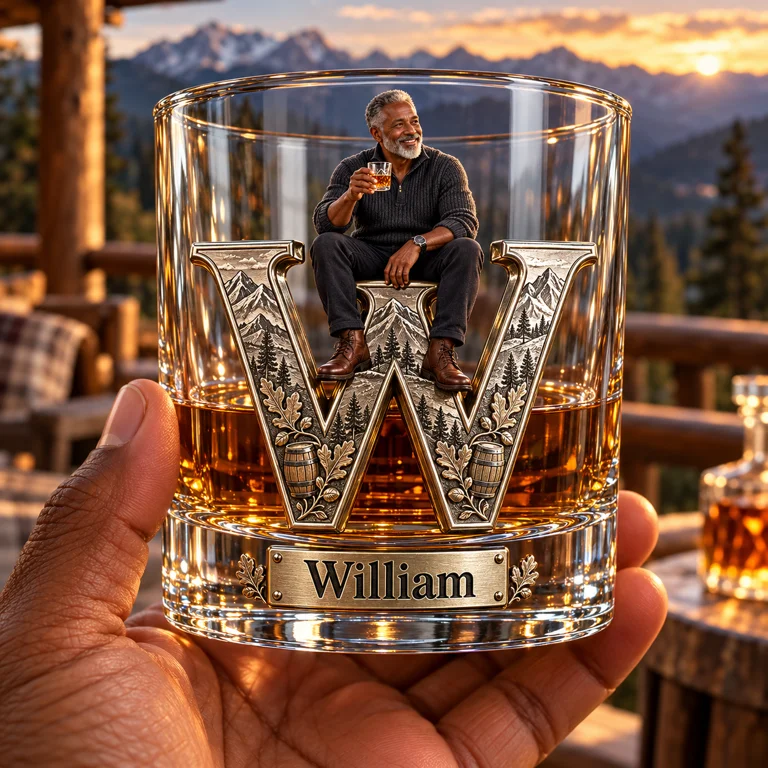 Personalized Custom Photo Mountain Monogram Whiskey Glass - Gift for Older Men Who Love Whiskey