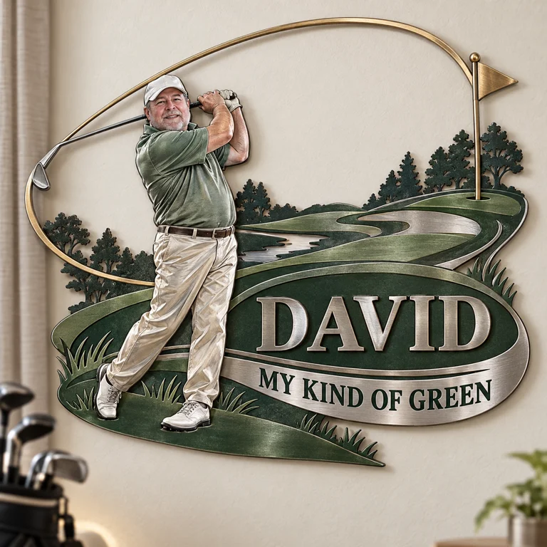 Personalisierte Golf Metall Wandkunst - Individuelles Porträt und Name, Golfer Wanddekoration