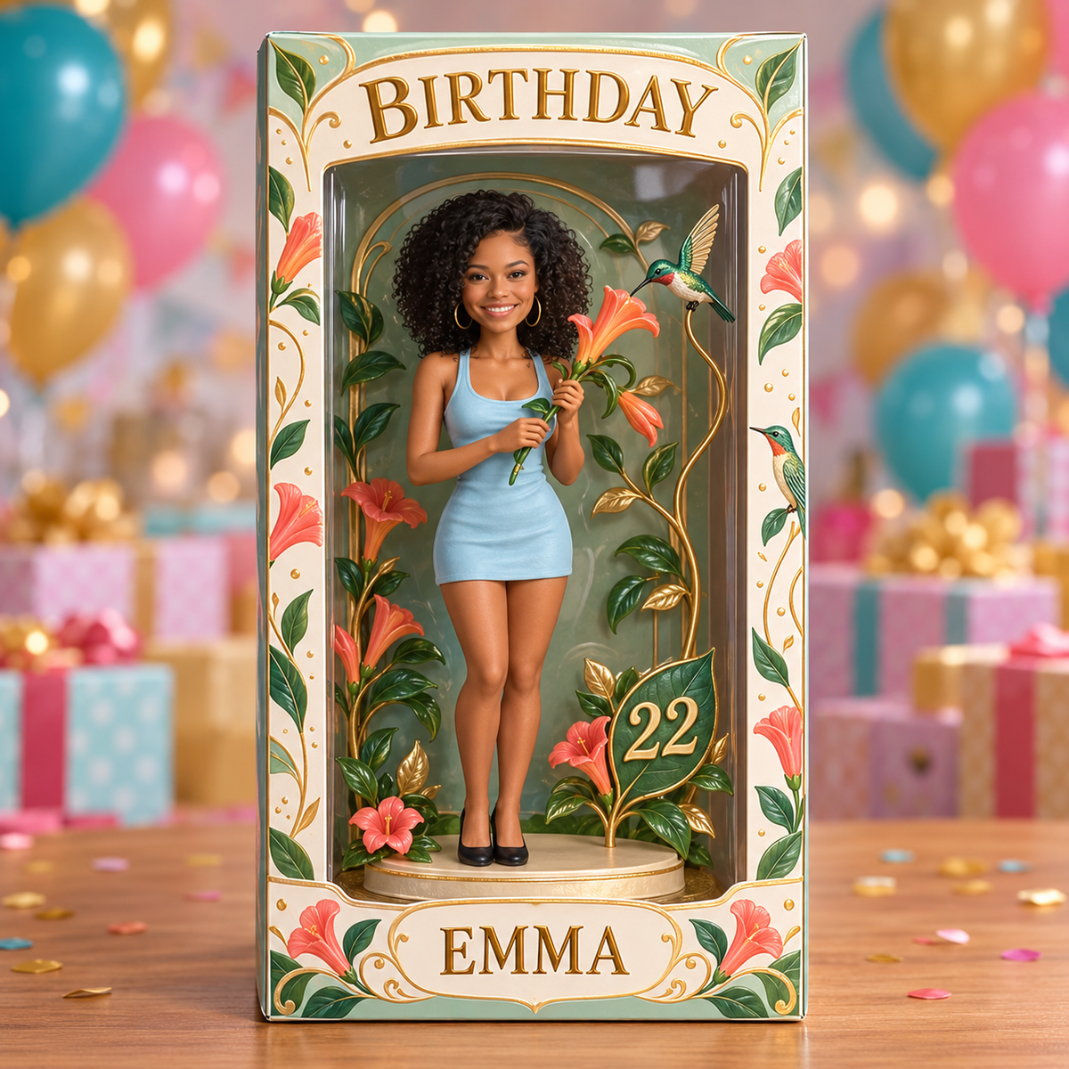 Boîte d'Affichage d'Anniversaire Personnalisée - Figurine Portrait avec Colibri, Nom et Âge