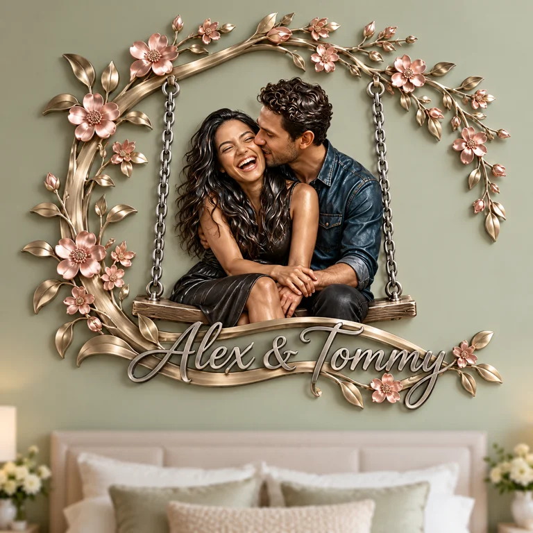 Art mural en métal 3D personnalisé avec photo florale - Cadeau pour couples