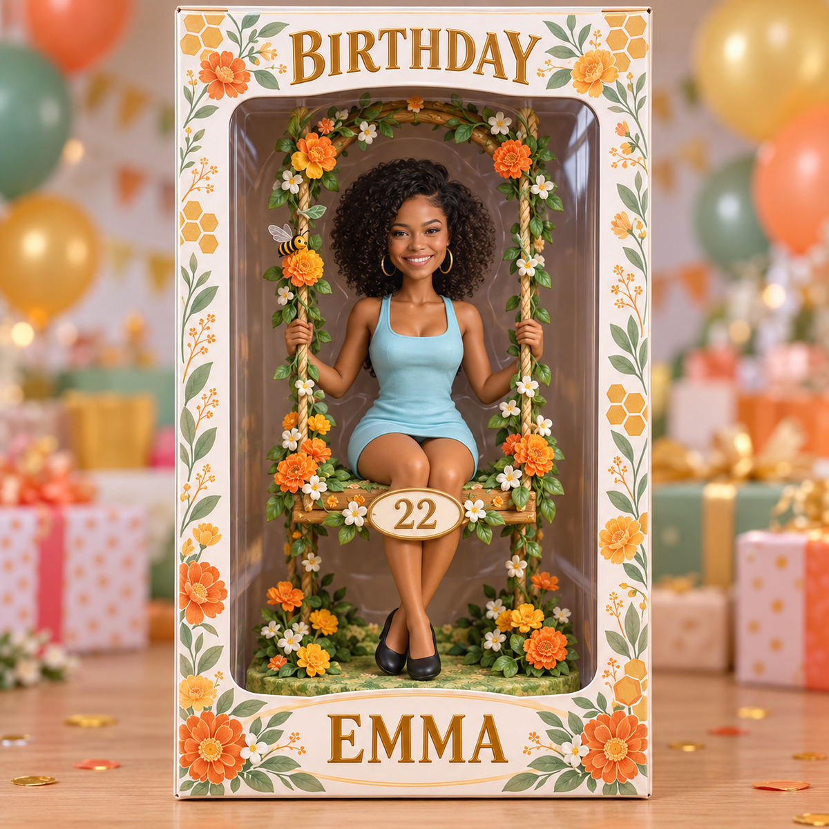Boîte d'Affichage Florale Personnalisée - Figurine de Portrait d'Anniversaire avec Nom et Âge
