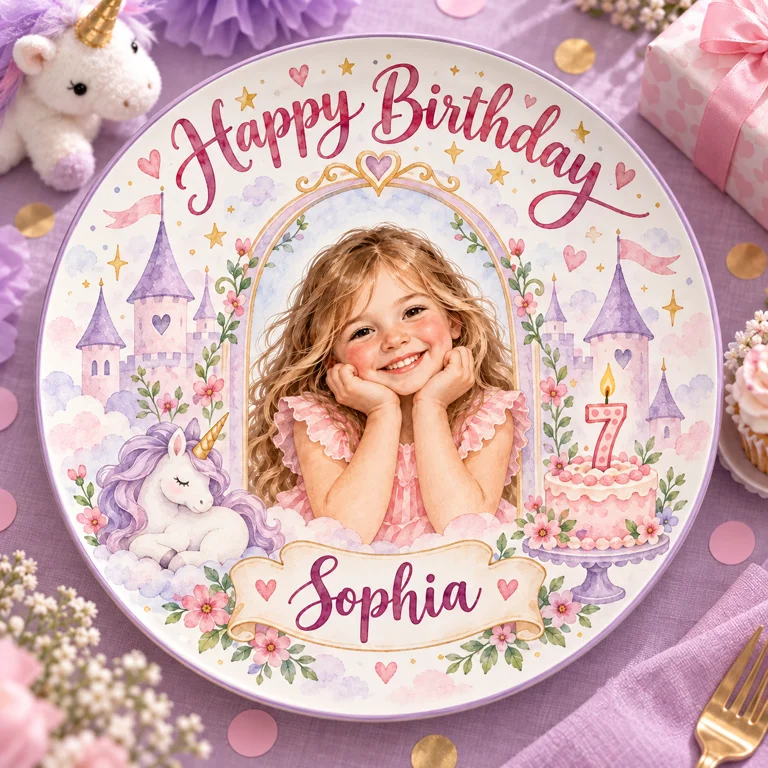 Personalized Unicorn Ceramic Round Plate - Princess Birthday Portrait, Custom Name and Age