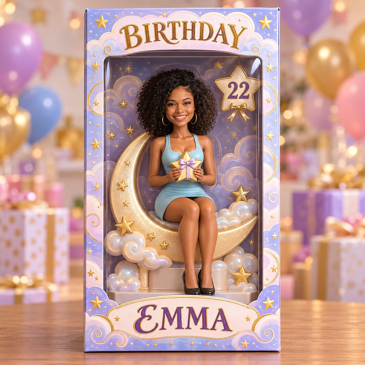 Boîte d'Affichage Personnalisée Lune et Étoiles - Figurine de Portrait d'Anniversaire avec Nom et Âge