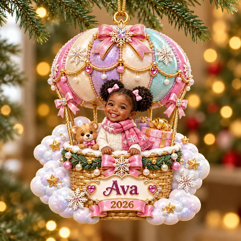 Personalized Custom Photo Hot Air Balloon 3D Ornament - 2026 Christmas Gift for Little Girls