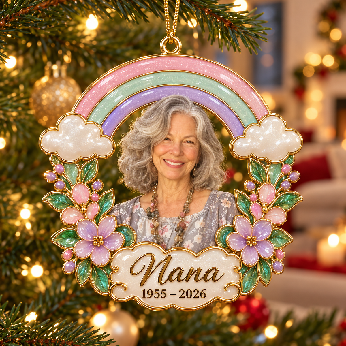 Personalized Custom Photo Rainbow Floral Memorial Christmas Ornament - In Memory of Grandma