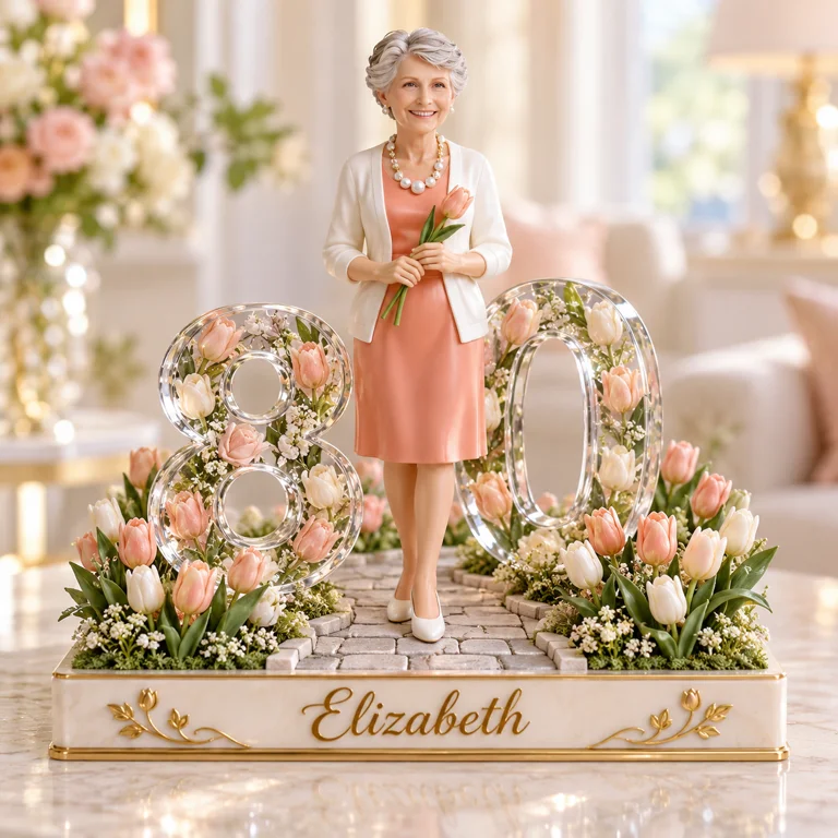 Figurine d'anniversaire personnalisée - Portrait sur mesure, cadeau souvenir jardin de tulipes