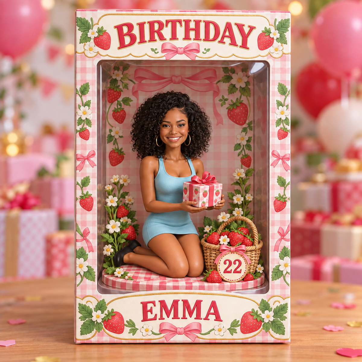 Boîte à fenêtre d'anniversaire personnalisée - Figurine portrait fraise, nom et âge