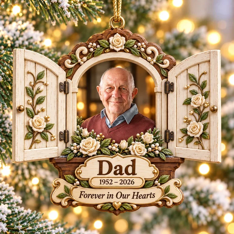 Personalized Custom Photo Dad Memorial Open Window Layered Wood Ornament - Christmas Remembrance Keepsake