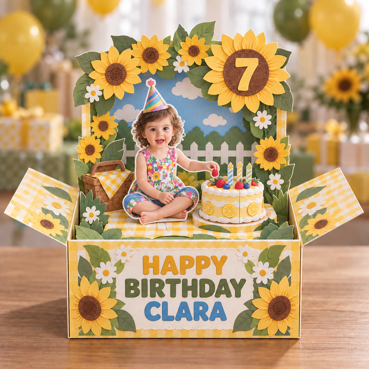 Carte Pop-Up Personnalisée Tournesol - Gâteau d'Anniversaire avec Photo, Nom et Âge