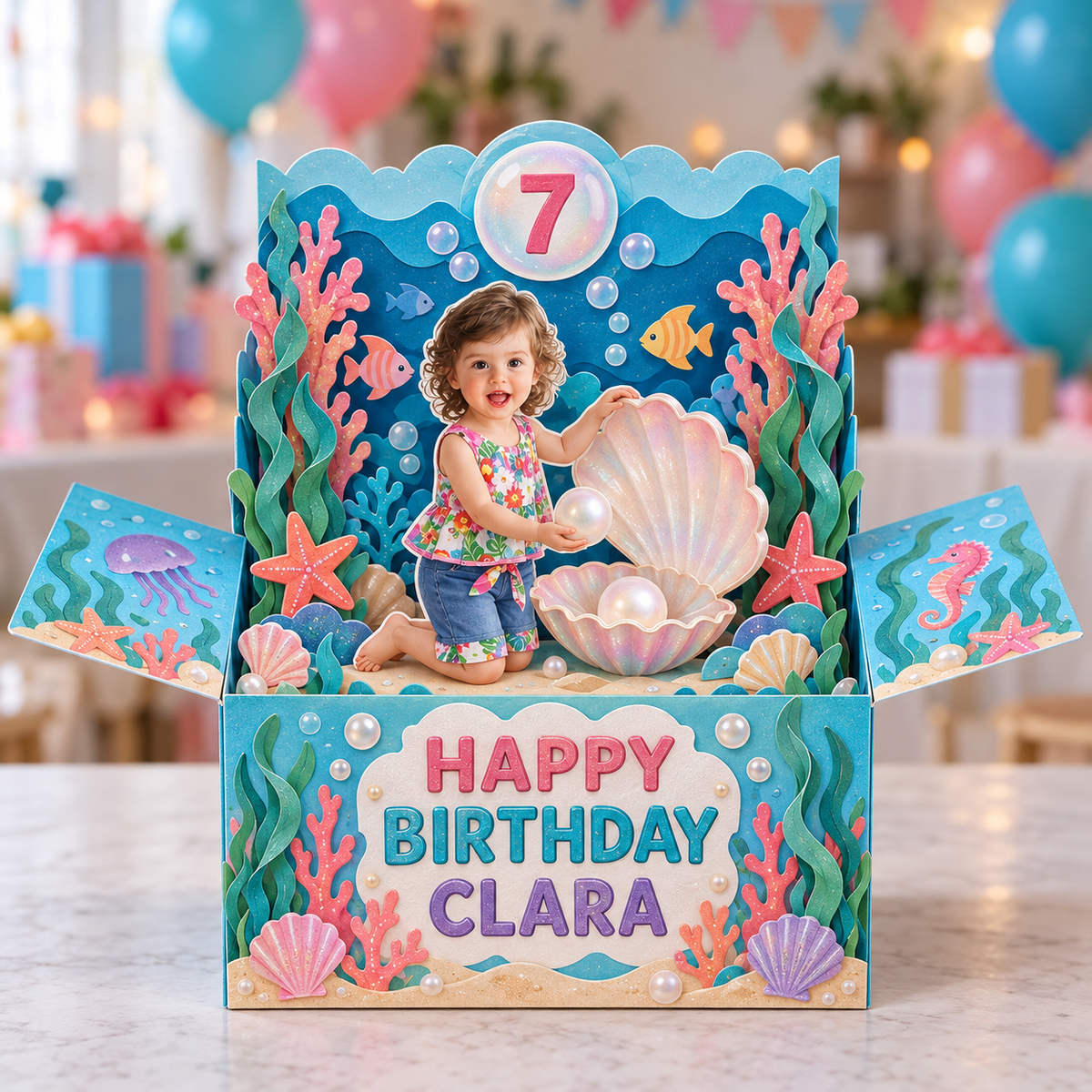 Carte Pop-Up Personnalisée Sous-Marine - Cadeau d'Anniversaire Coquillage et Perle avec Photo, Nom et Âge Personnalisés