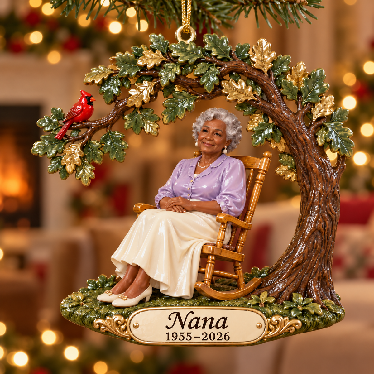 Personalized Custom Photo Oak Tree Rocking Chair Memorial 3D Christmas Ornament - Grandmother Remembrance Keepsake
