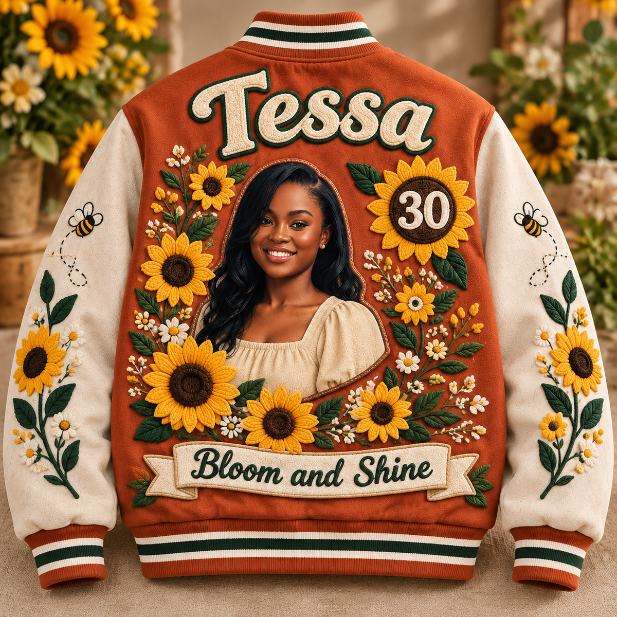 Veste Varsity Tournesol Personnalisée - Portrait Photo d'Anniversaire
