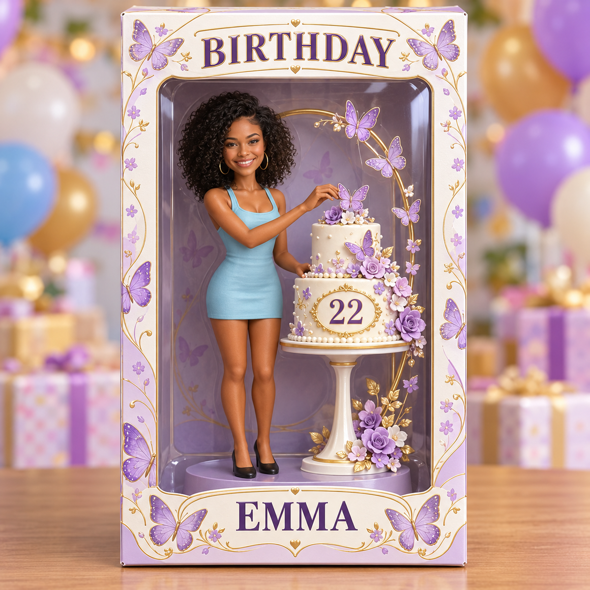 Boîte d'Affichage d'Anniversaire Personnalisée - Figurine Portrait avec Gâteau Papillon, Nom et Âge