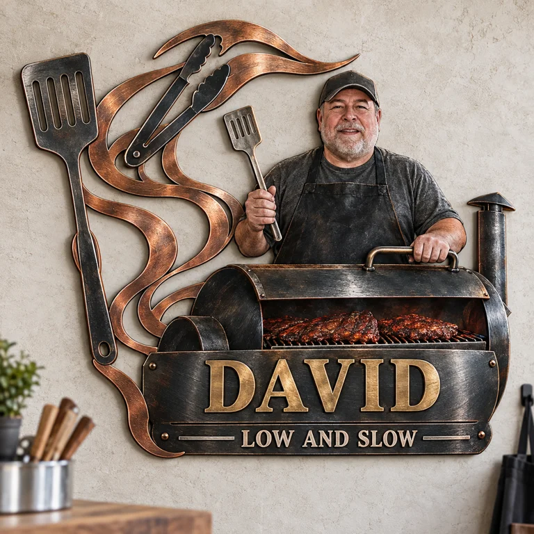 Personalisierte BBQ Metall Wandkunst - Individuelles Porträt und Name, Grill Wanddekoration