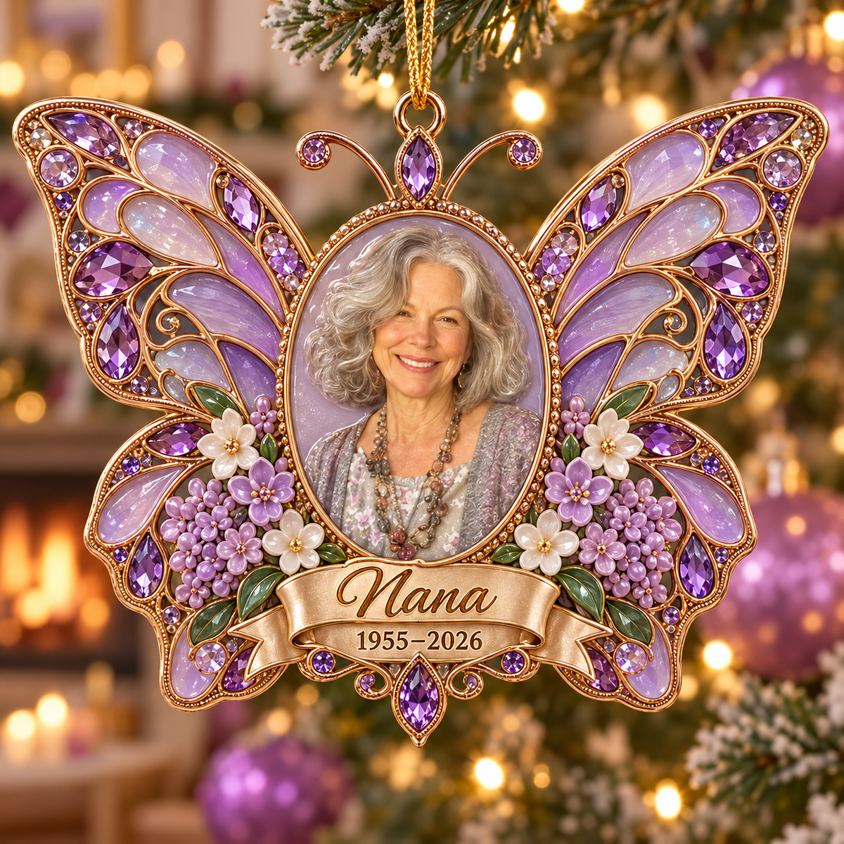 Personalized Custom Photo Purple Butterfly Memorial Christmas Ornament - In Memory of Grandma
