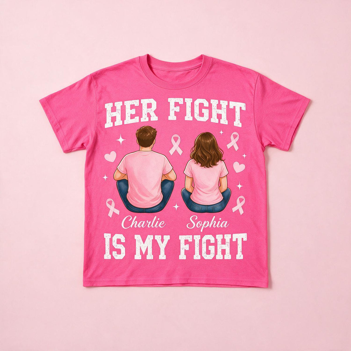 T-shirt Couple Personnalisé pour la Sensibilisation au Cancer du Sein - Son Combat est Mon Combat