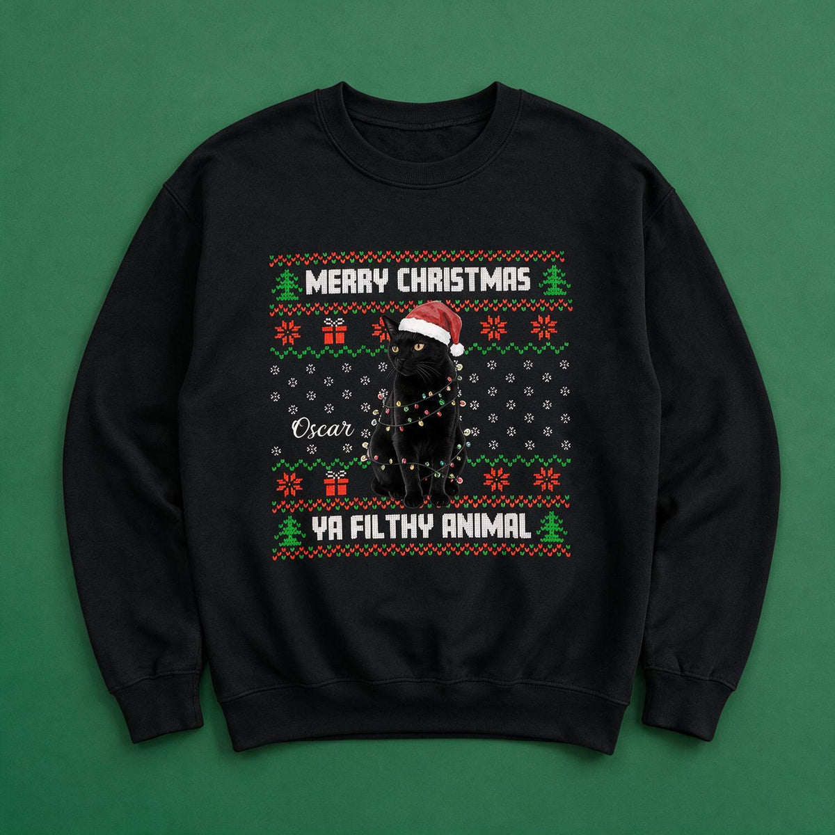 Personalized Christmas Black Cat Ugly Sweatshirt, Cat Lover Holiday Gift