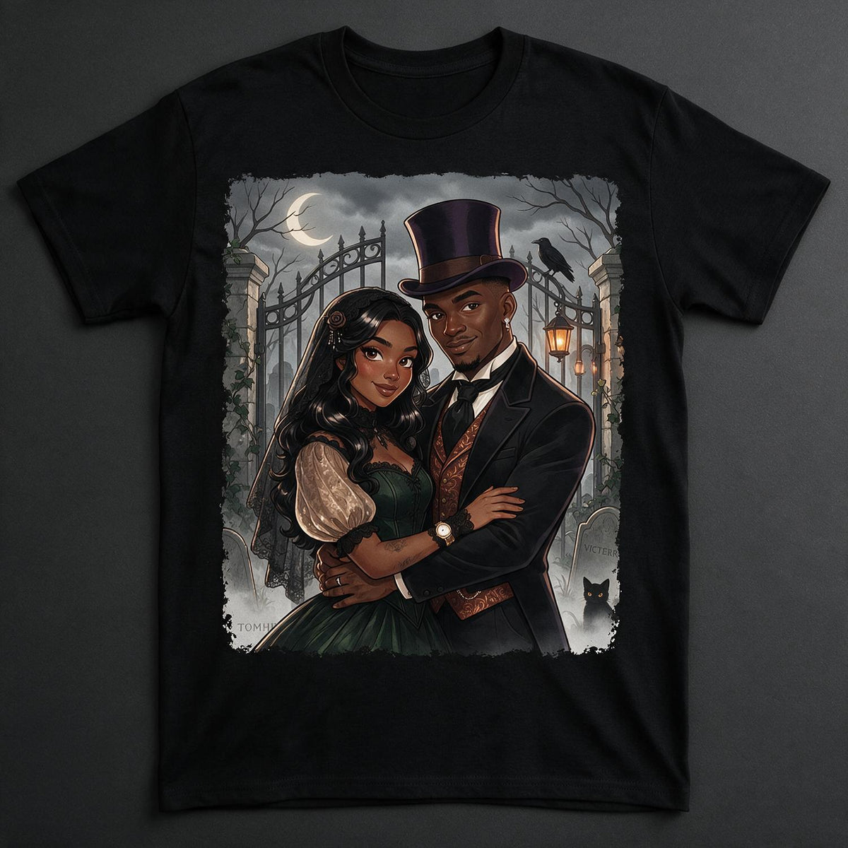 T-shirt Portrait Couple Gothique Personnalisé pour Halloween, Cadeau d'Anniversaire