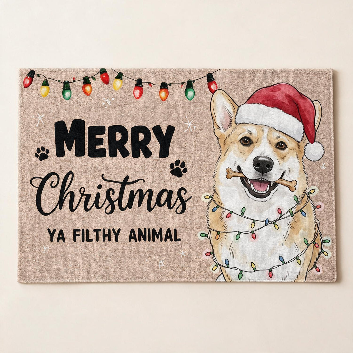 Benutzerdefinierte Foto-Weihnachtsmatte mit lächelndem Corgi und Weihnachtsmann-Hut, Frohe Weihnachten, ihr dreckigen Tiere