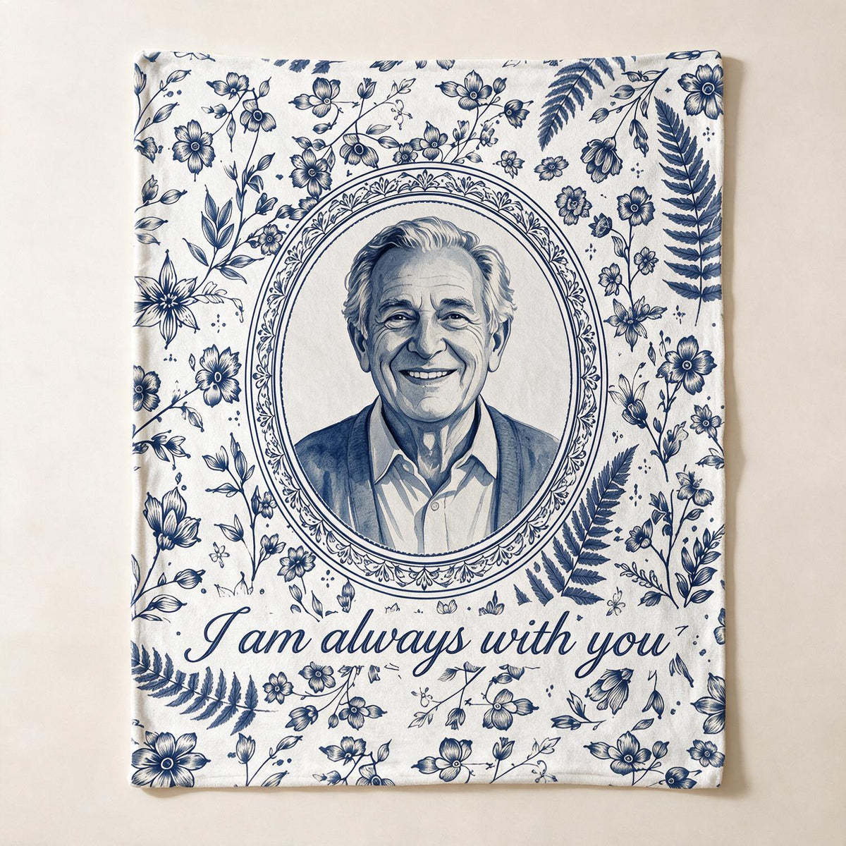 Custom Photo Memorial Toile Blue Watercolor Portrait Blanket - Sympathy Keepsake Gift