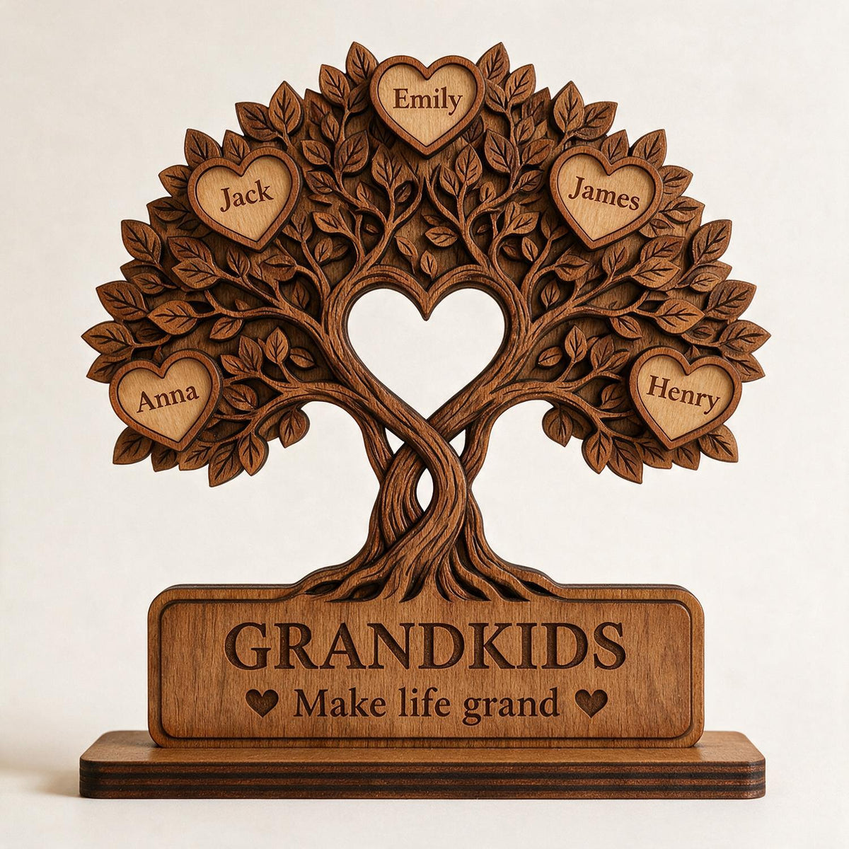 Plaque en Bois en Forme de Cœur Arbre de Famille Personnalisée - Cadeau Souvenir pour Grands-Parents