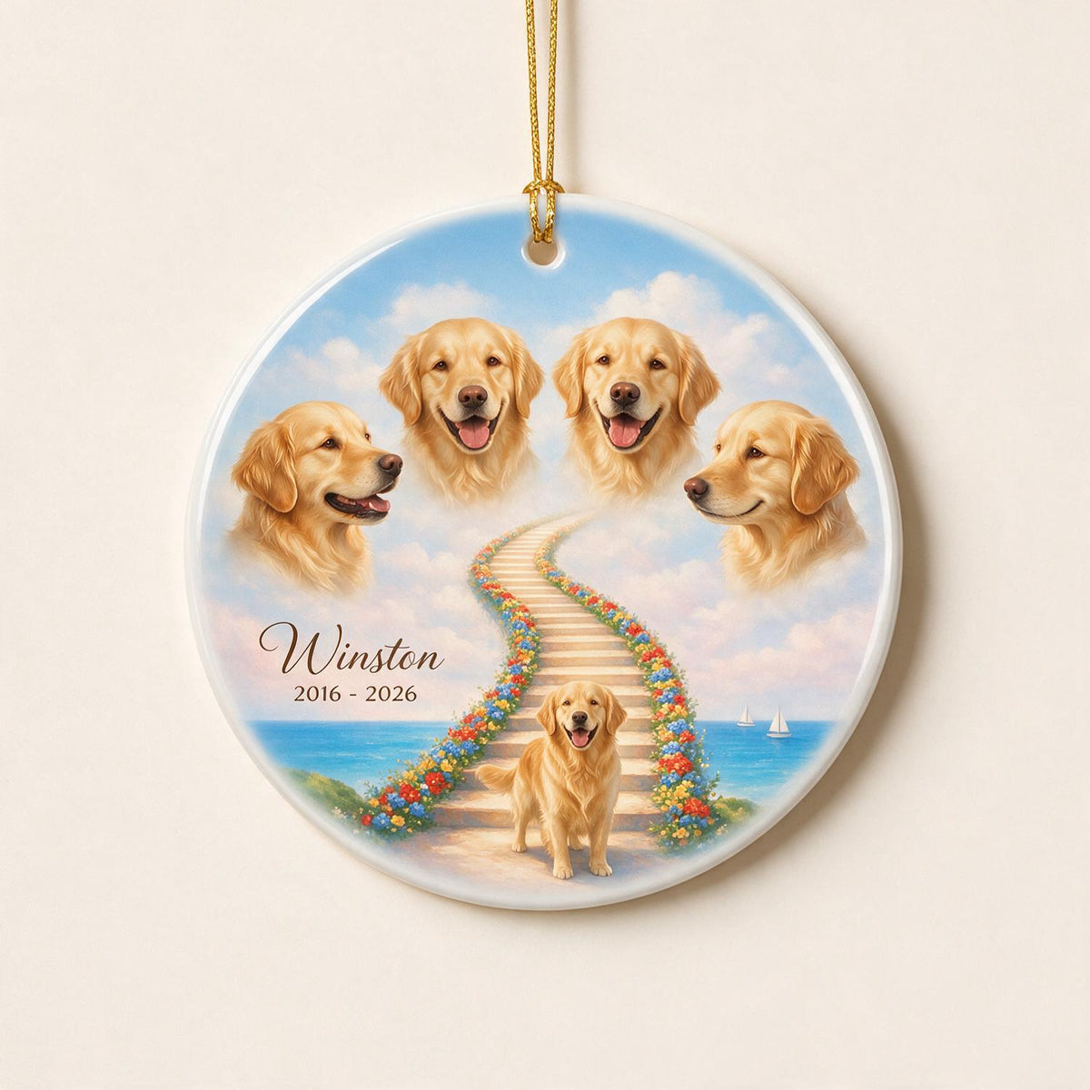 Tiergedenken Treppe zum Himmel - Personalisierte Keramikornament - Individuelles Tierfoto, Tierverlustgeschenk, Mitgefühlsgeschenk
