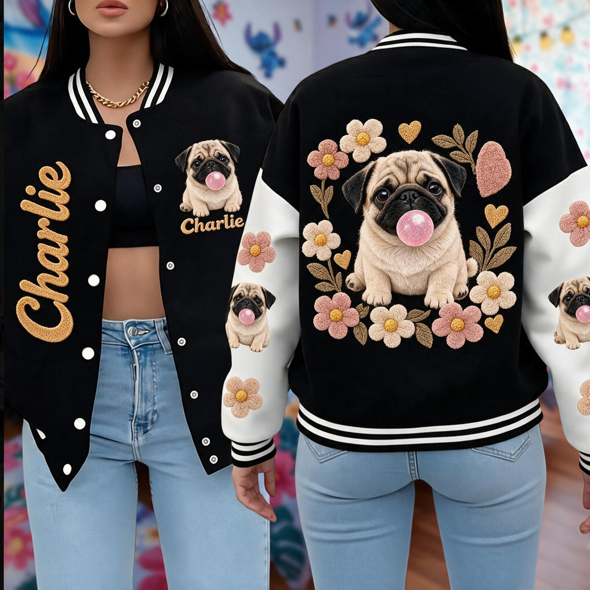 Personalized Fawn Pug Puppy Varsity Jacket Dog Lover Streetwear