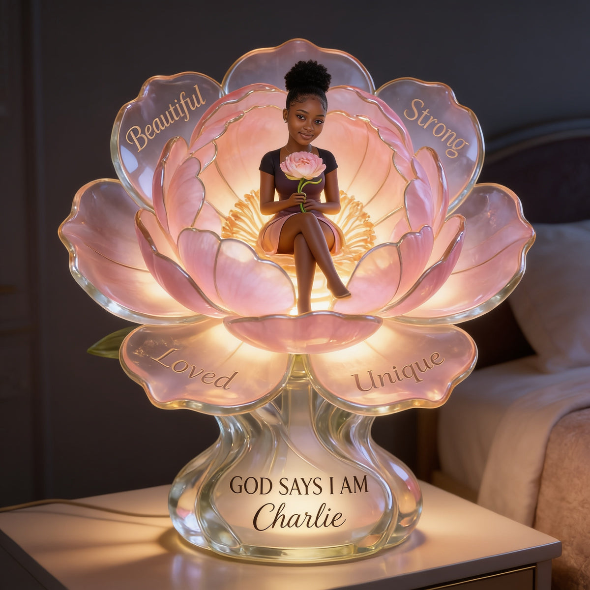 Personalized Black Woman Self Love Flower Acrylic LED Night Light Inspirational Gift