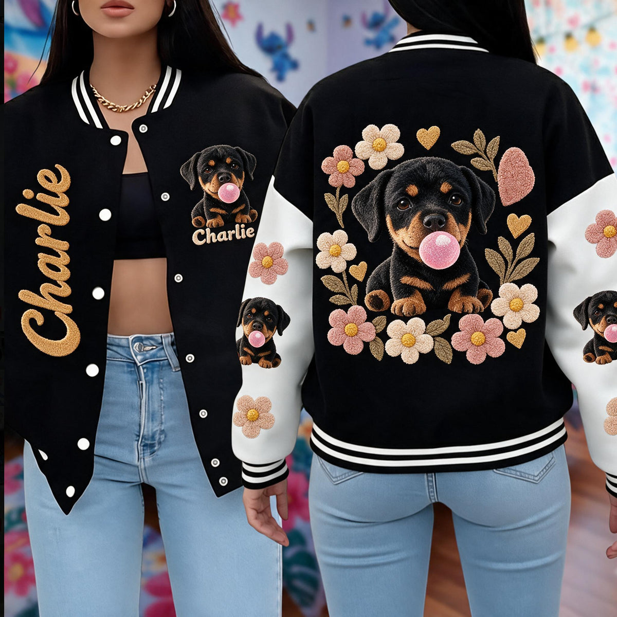 Personalized Black and Tan Rottweiler Puppy Varsity Jacket Dog Lover Gift
