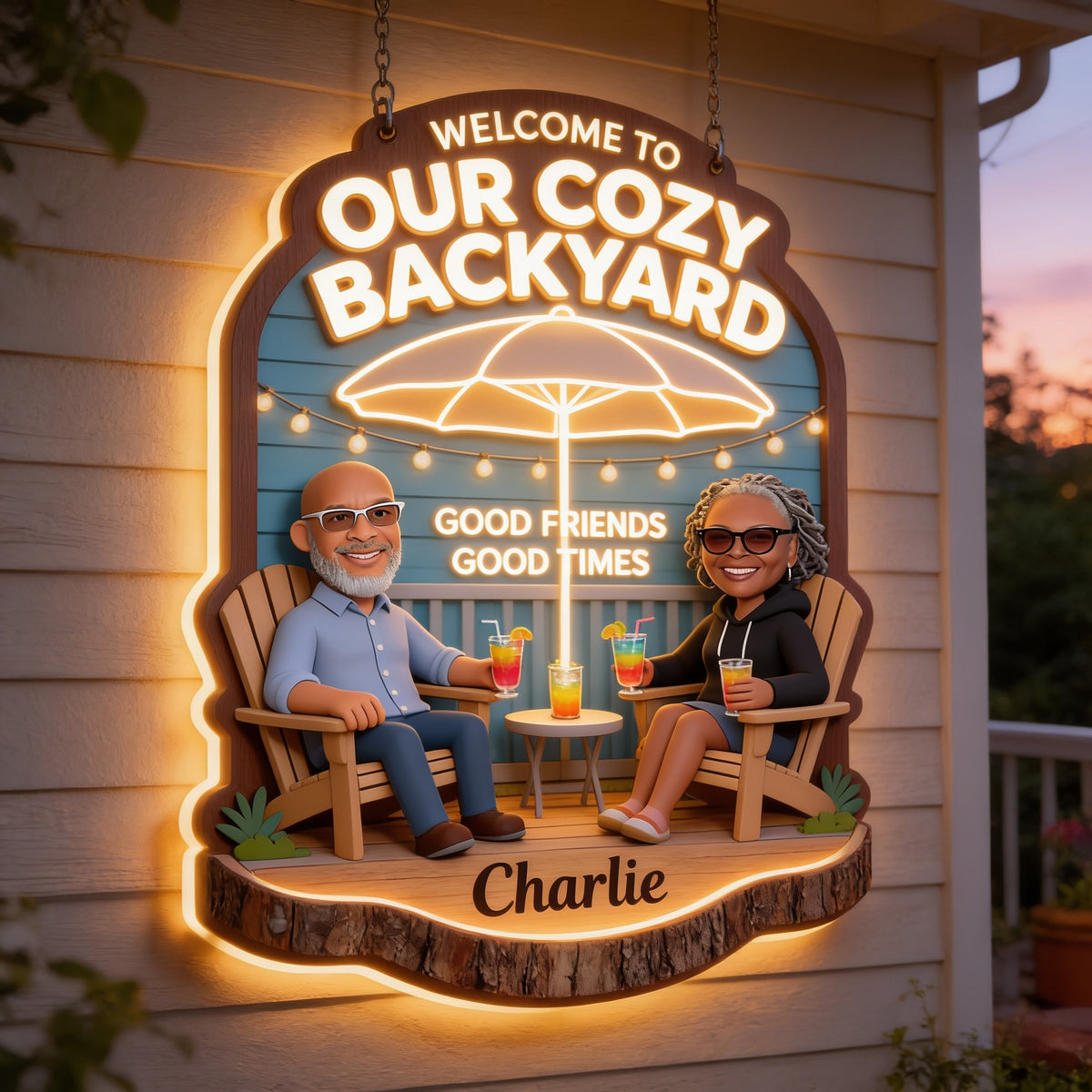 Personalized Middle-Aged Black Couple Backyard LED Light Acrylic Sign Patio Decor