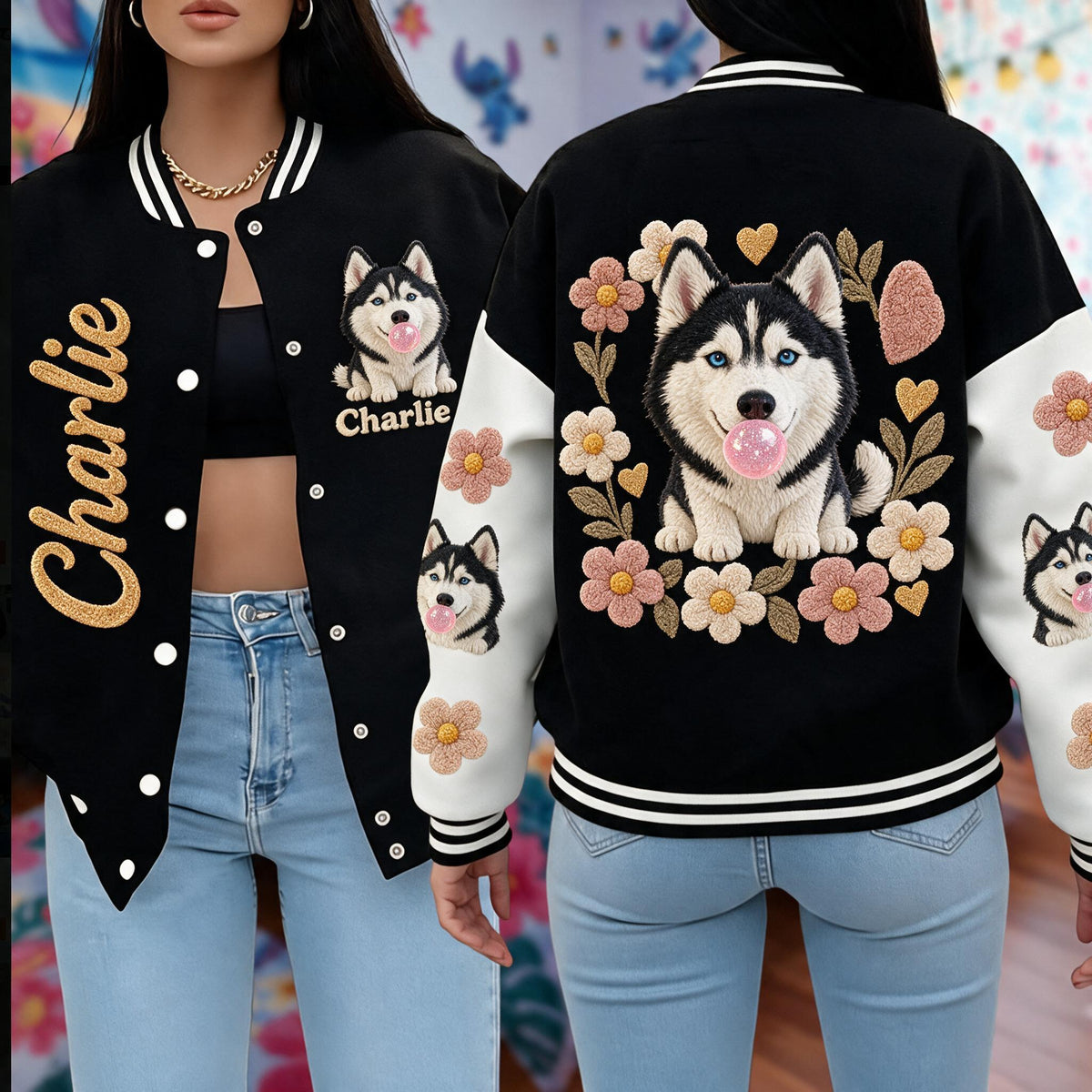 Personalized Blue Eyed Siberian Husky Varsity Jacket Dog Lover Streetwear