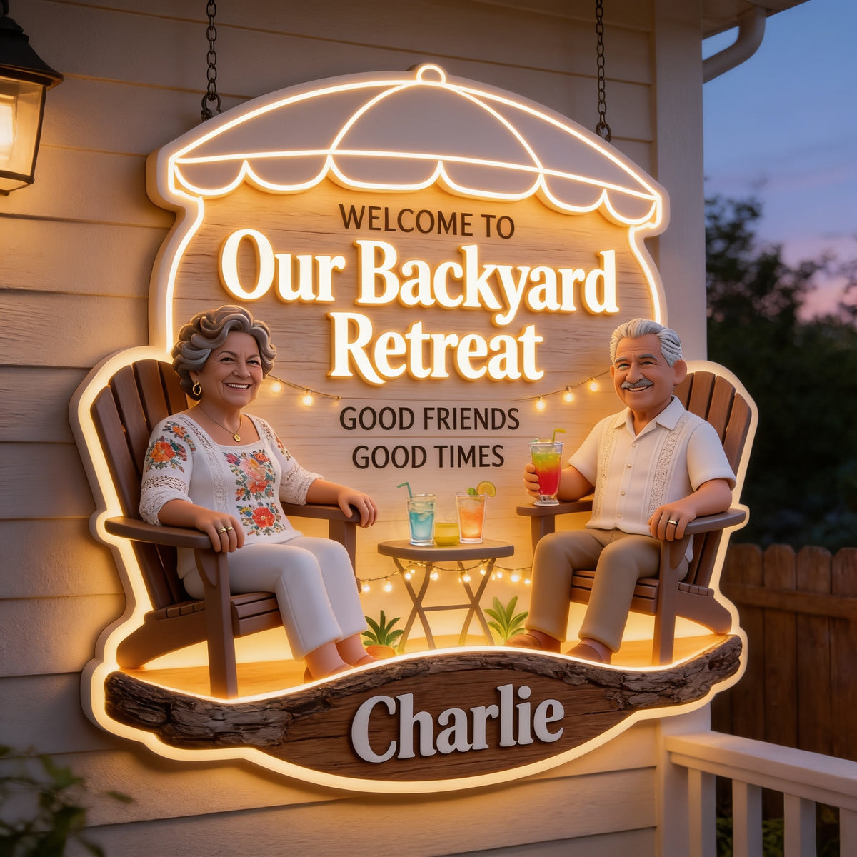 Personalized Older Latino Couple Backyard LED Light Acrylic Sign Patio Decor