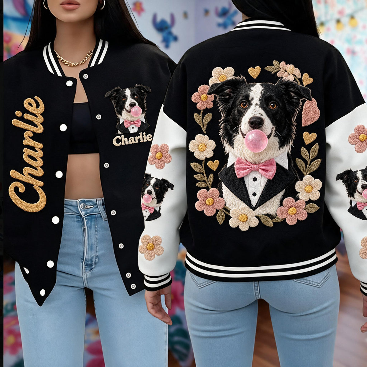 Personalized Black and White Border Collie Varsity Jacket Dog Lover Gift
