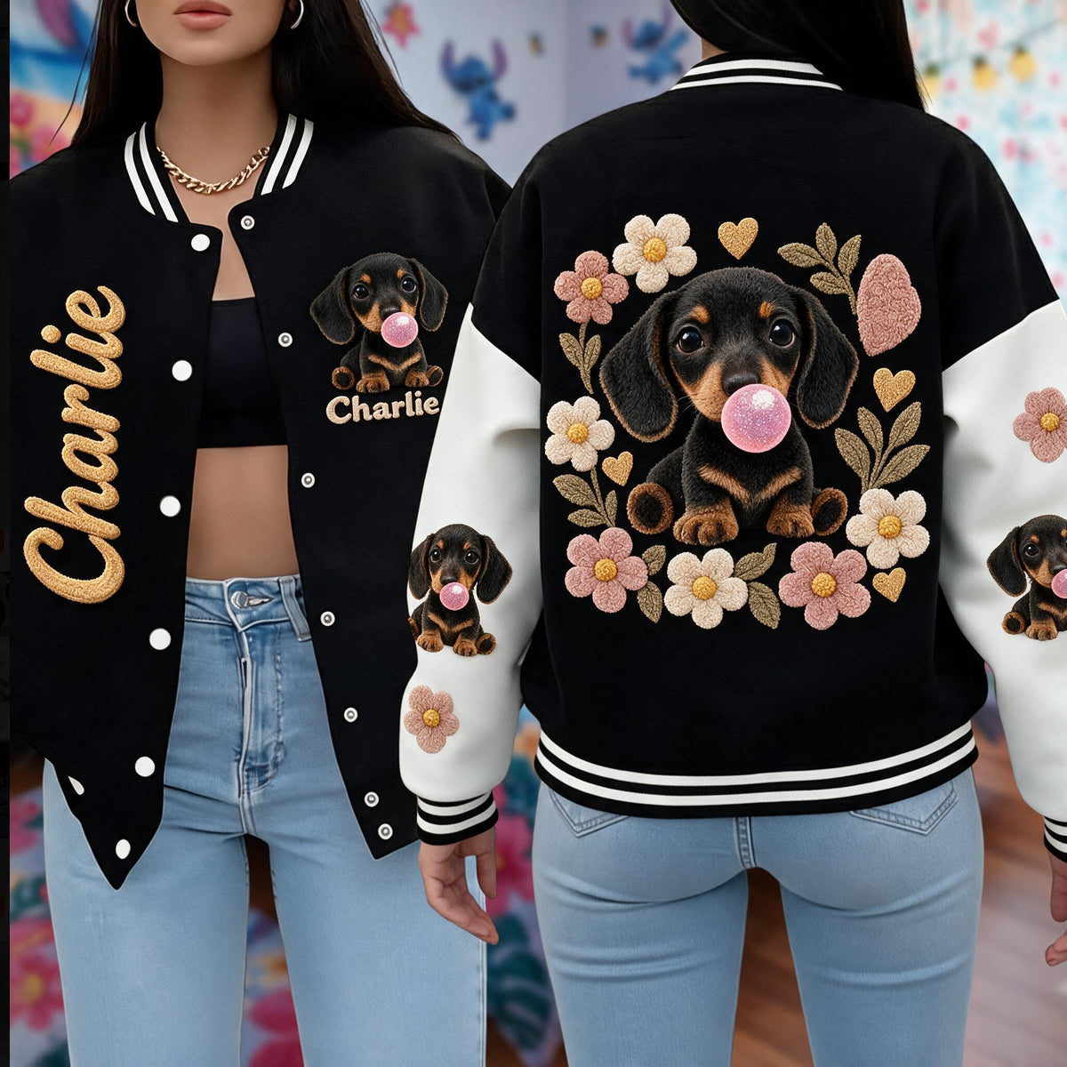 Personalized Black and Tan Dachshund Puppy Varsity Jacket Dog Lover Gift