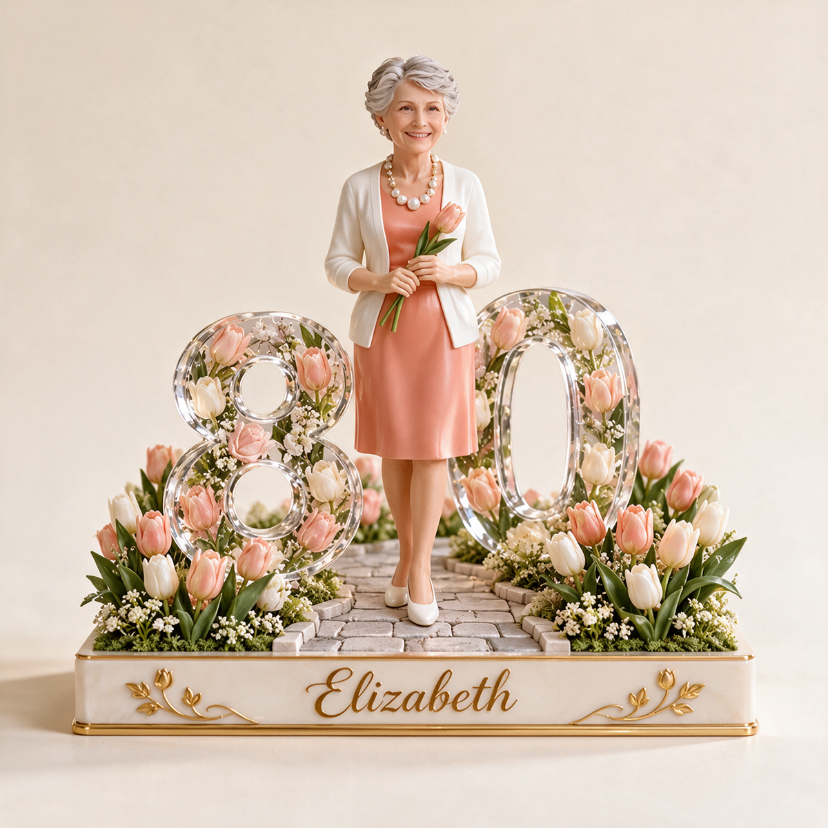 Figurine d'anniversaire personnalisée - Portrait sur mesure, cadeau souvenir jardin de tulipes