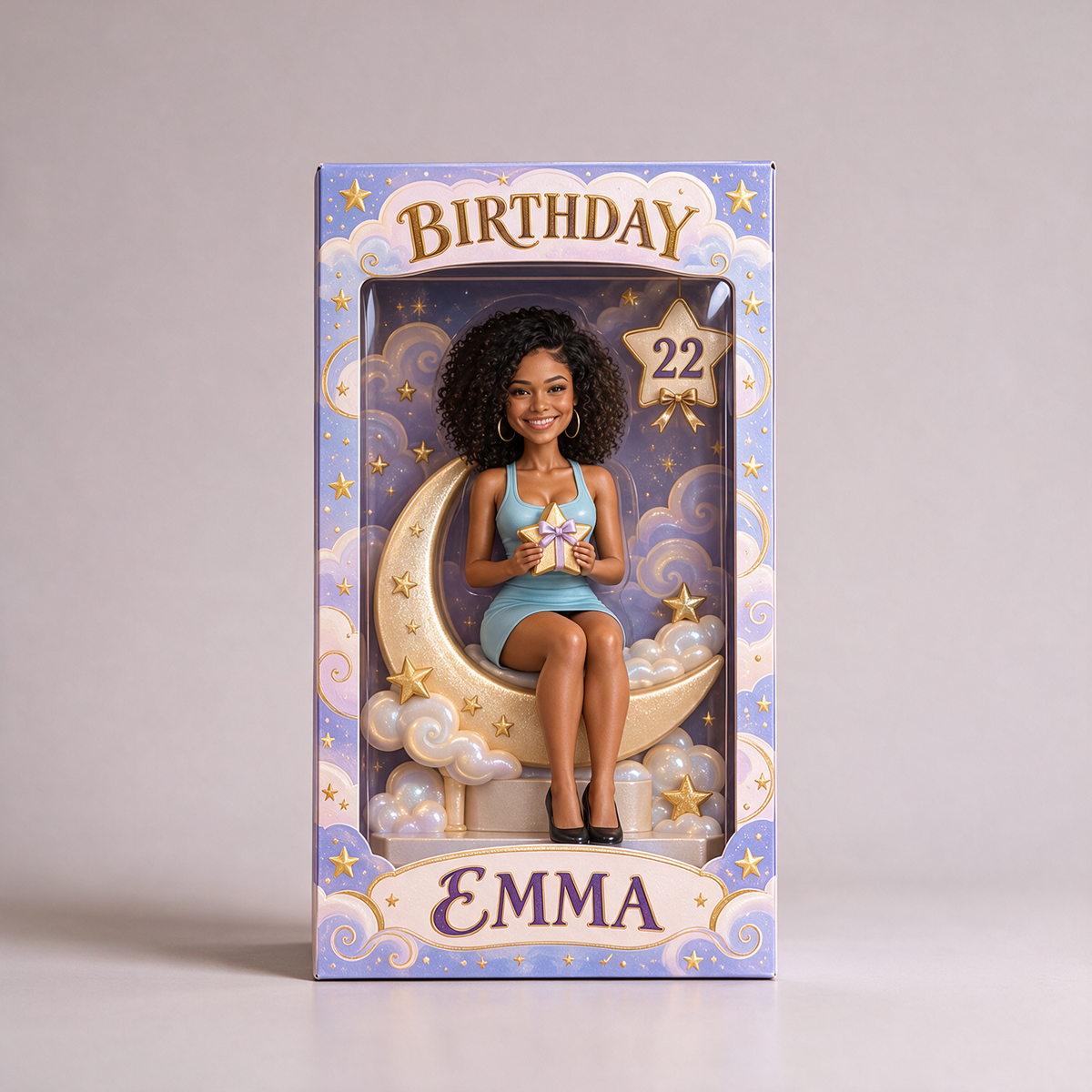 Boîte d'Affichage Personnalisée Lune et Étoiles - Figurine de Portrait d'Anniversaire avec Nom et Âge