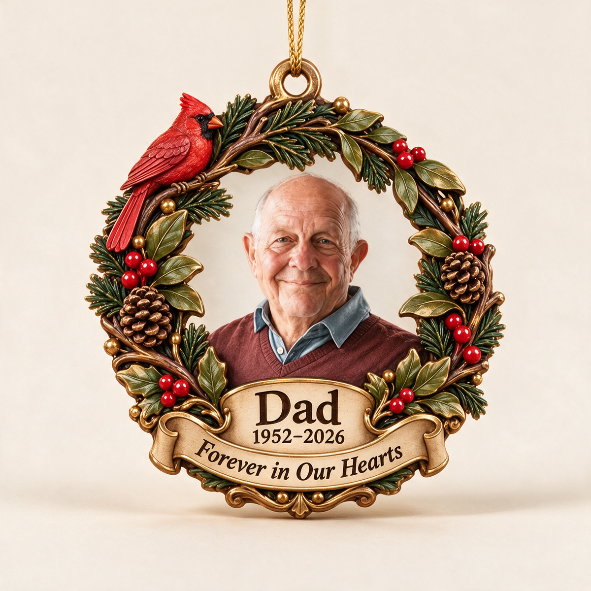 Personalized Custom Photo Dad Memorial Cardinal Wreath 3D Ornament - Christmas Remembrance Keepsake