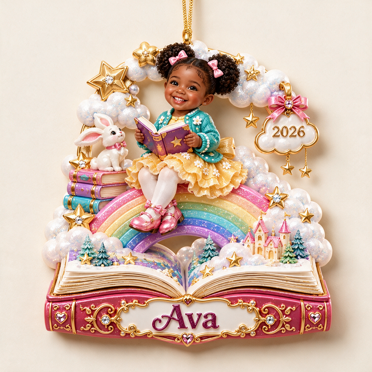 Personalized Custom Photo Rainbow Storybook 3D Ornament - 2026 Christmas Gift for Little Girls