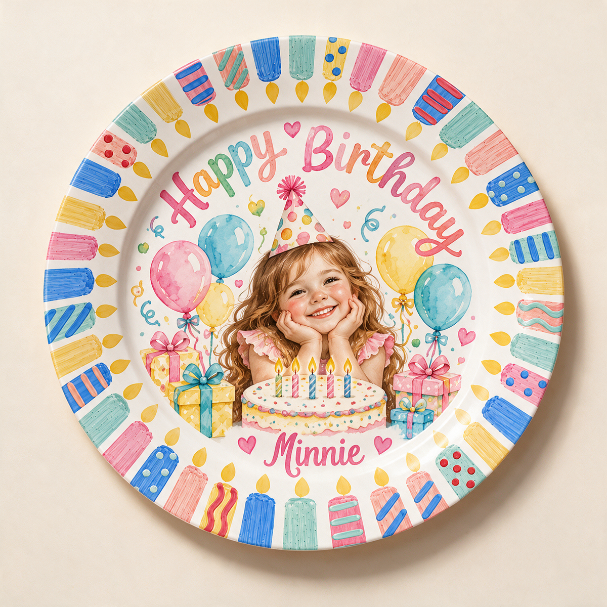 Personalized Birthday Ceramic Round Plate - Watercolor Portrait Gift